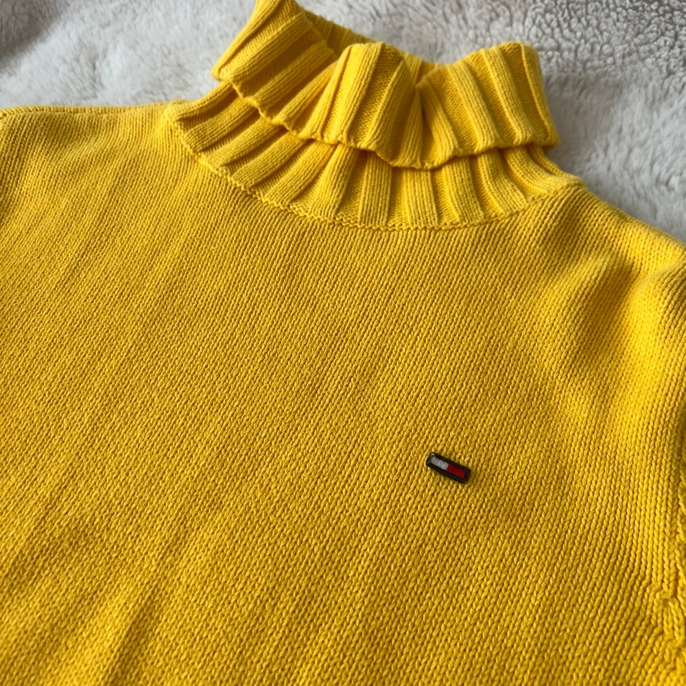Women's y2k Tommy Jeans logo Yellow Knit Turtleneck Sweater L - Picture 3 of 8